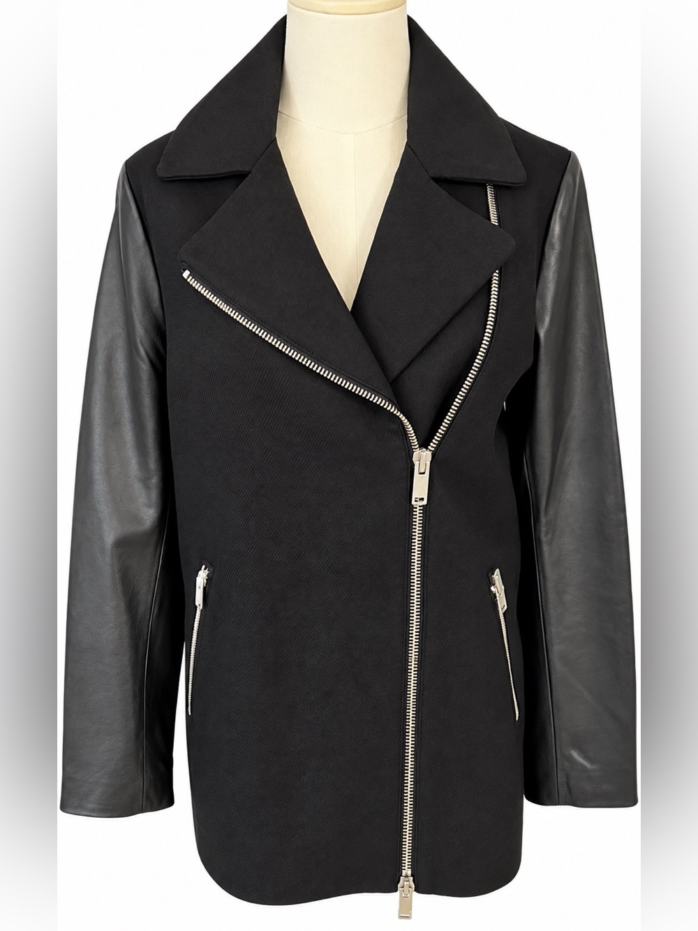 GAP Black Mixed-Media Moto Jacket with Genuine Leather Sleeves